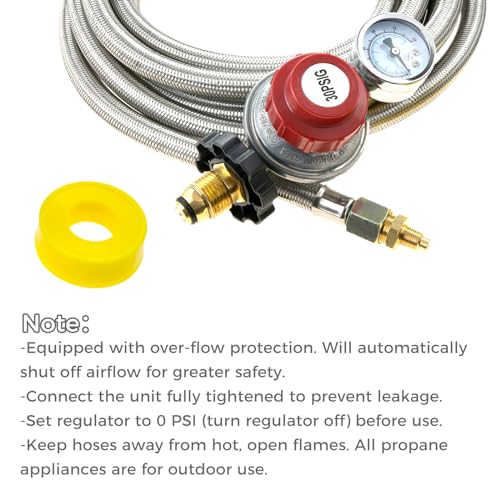 12Ft 0-30PSI High Pressure Adjustable Propane Regulator with Gauge, Stainless Steel Braided Hose with 0~60PSI Gas Flow Indicator Fit for Grill, Turkey Fryer, Fire Pit, POL x 3/8" Female Flare Fitting - Grill Parts America