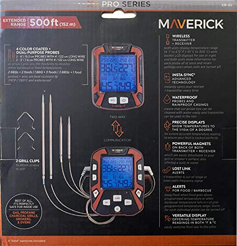 Maverick PRO-Series XR-50 Extended (500FT Range, 4 Probe) Digital Remote Wireless BBQ, Meat & Smoker Thermometer, Black/Red and Z-Cloth Bundle - Grill Parts America