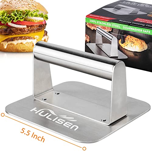 HULISEN Burger Press, Stainless Steel Burger Smasher, Non-Stick Smooth Hamburger Press, Square Bacon Grill Press - Professional Griddle Accessories Kit for Flat Top Griddle Grill Cooking, Gift Package - Grill Parts America