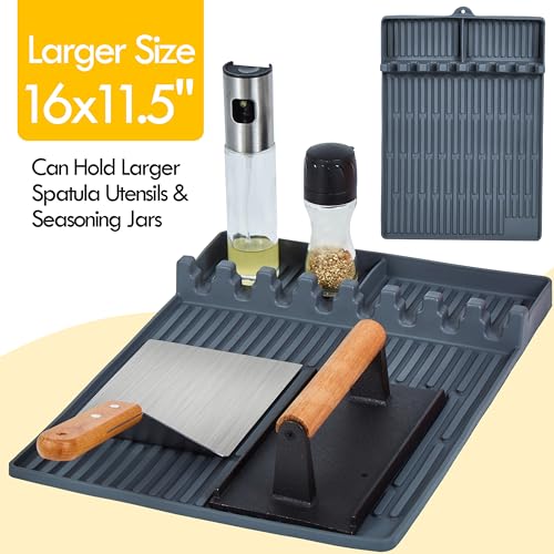 ISSEVE Silicone Griddle Tools Mat for Blackstone, Large Silicone Spatula Mat with Drip Pad, Grill BBQ Caddy Utensils Holder for Kitchen, Cooking & Countertop, Griddle Accessories for Blackstone Grey - Grill Parts America