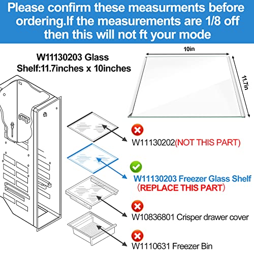 UPGRADED W11130203 Glass Shelf Compatible with Whirlpool Freezer Shelf Replacement Refrigerator Glass Door Shelves Parts W10527849 W10773887 PS12347522 WRS571CIHZ04 WRS571CIHZ01 Glass Freezer Shelf - Grill Parts America