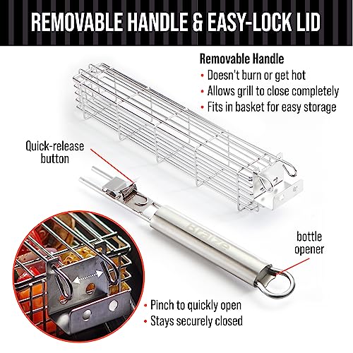 BRAIZE Large Kabob Grilling Baskets Set of 4 w/ Removable Handle - Stainless Steel vegatable grill baskets for outdoor grill utensils - Large Capacity (12 x 2 x 2) Secure easy-latch lid. Great camping cooking gear for your campfire grill. (3pc wide kabob - Grill Parts America