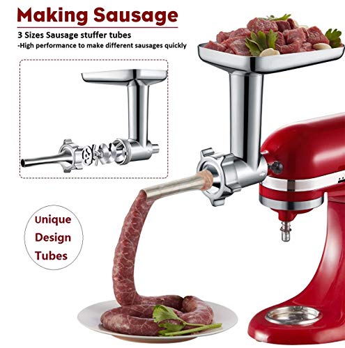 Metal Food Grinder Attachment for KitchenAid Stand Mixers, Kitchen aid Meat Grinder Included 3 Sausage Stuffer Tubes, 4 Grinding Plates, 2 Grinding Blades, Kubbe Meat Processor Accessories - Kitchen Parts America