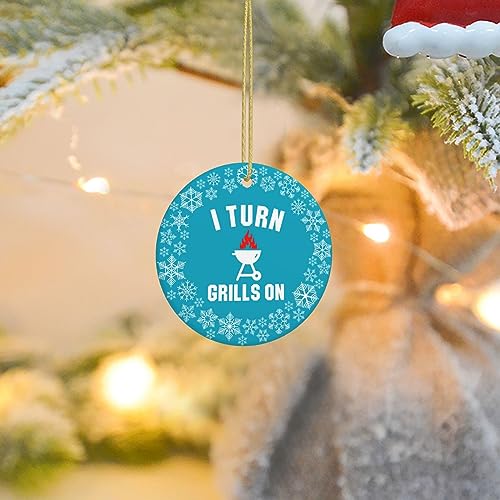 I Turn Grills On Christmas Tree Round Hanging Ornaments Double-Sided Printing Ceramic Ornaments - Grill Parts America