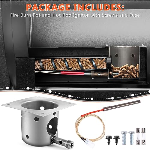 QuliMetal Fire Burn Pot and Hot Rod Ignitor Kit Replacement Parts for Traeger and Pit Boss Pellet Grills - Heavy Duty Fire Pot and Hot Rod/Grill Igniter with Ash Remover, Screws and Fuse - Grill Parts America