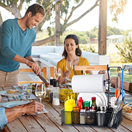 FANGSUN Large Grill Utensil Caddy, Picnic Condiment Caddy, BBQ Organizer for Outdoor Grilling, Camping Caddy with Paper Towel Holder for Plate Cutlery, Grill Accessories Storage for Tailgating, Black - Grill Parts America