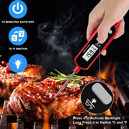 Lonicera Instant Read Digital Meat Thermometer for Food, Bread Baking, Water and Liquid. Waterproof and Long Probe with Meat Temp Guide for Cooking, Display with Backlit (Red) - Grill Parts America