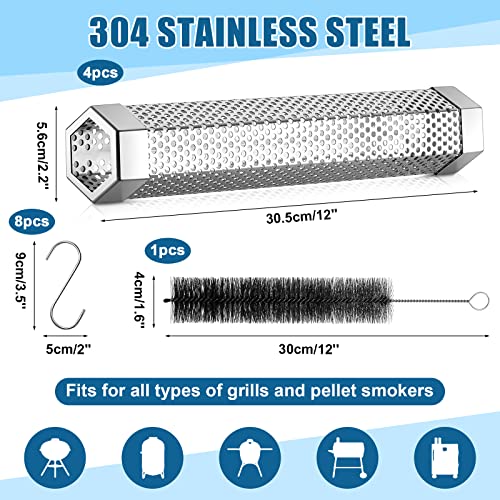 4 Pcs Pellet Smoker Tube 12 Inch Stainless Steel BBQ Wood Pellet Tube for Smoking with Cleaning Brush and 8 S Shape Hooks for Hours of Billowing Cold Hot Smoking for All Grills or Smokers - Grill Parts America