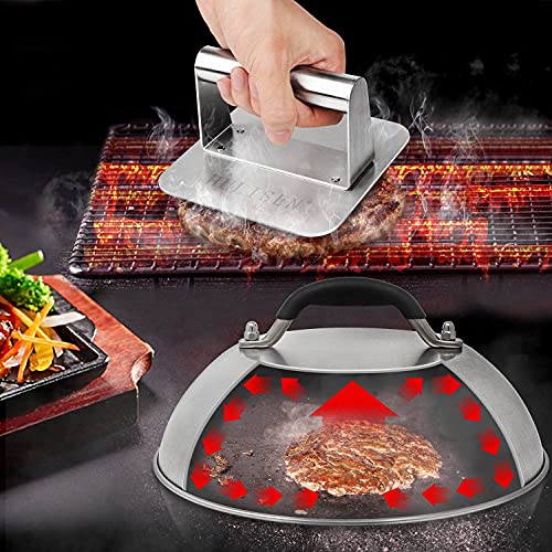 HULISEN Melting Dome & Smashed Burger Press Fits Blackstone and Camp Chef, Stainless Steel 9" Basting Cover, Heavy Duty Grill Press for Hamburger, Bacon, Griddle Accessories Kit, Gift Package - Grill Parts America