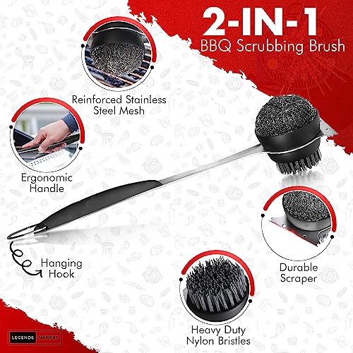 Legends Market BBQ Grill Brush and Scraper Heavy Duty - Long Handle Grill Brush w/Dual-Sided Design - Nylon Bristle Free Grill Brush for Outdoor Grill, Safe BBQ-Aid Barbecue Grill Brush and Scraper - Grill Parts America