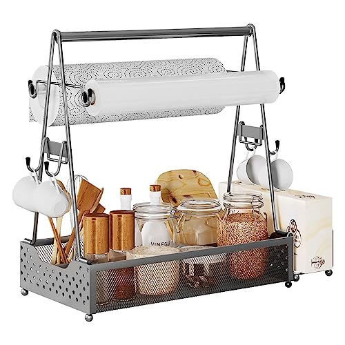 Semlos BBQ Grill Caddy with Paper Towel Holder and Hooks, Condiment Caddy and Storage Organizer for Grilling Tools, Camping Accessories for Barbecue, Picnics, Garage and Travel Trailers, Silver - Grill Parts America