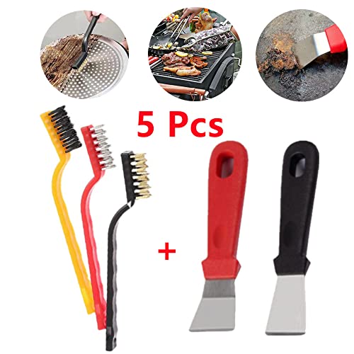 5PCS/Set BBQ Grill Brush and Scraper, Stainless Steel Kitchen Cleaning Brush Set, Cooktop Cleaning Brush, Three-Material Brush Head Perfect for Kitchen Grill Cooker Hood Corner Cleaning - Grill Parts America