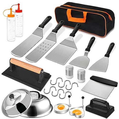 24Pcs Griddle Accessories Set, Stainless Steel Flat Top Grill Spatula Kit for Outdoor Barbecue Camping Cooking, Included Basting Cover, Scraper, Cast Iron Grill Press, Carrying Bag - Grill Parts America