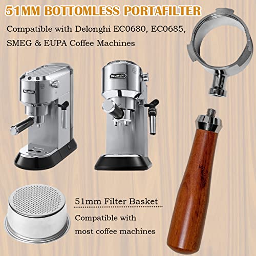 EGNic 51mm Bottomless Portafilter 3 Ears Compatible with Delonghi EC680, EC685, SMEG & EUPA Coffee Machines, Stainless Steel Espresso Naked Portafilter with Filter Basket & Wooden Handle - Grill Parts America