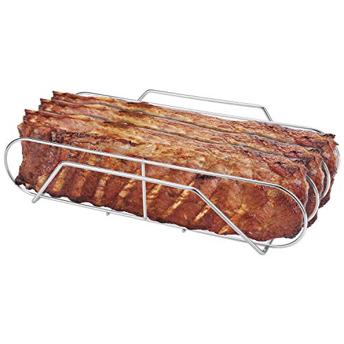 Extra Long Stainless Steel Rib Rack for Smoking and Grilling, Holds up to 3 Full Racks of Ribs, Fits 18” or Larger Gas Smoker or Charcoal Grill, Perfect Smoker Accessories Gifts for Men - Grill Parts America