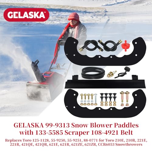 GELASKA 99-9313 Snow Blower Paddles with 133-5585 Scraper Blade 108-4921 Drive Belt Replaces 125-1128, 55-9250, 55-9251, 88-0771 for Toro Power Clear 621, 621R, 210R, 221E, 421, CCR6053 Snow Throwers - Grill Parts America