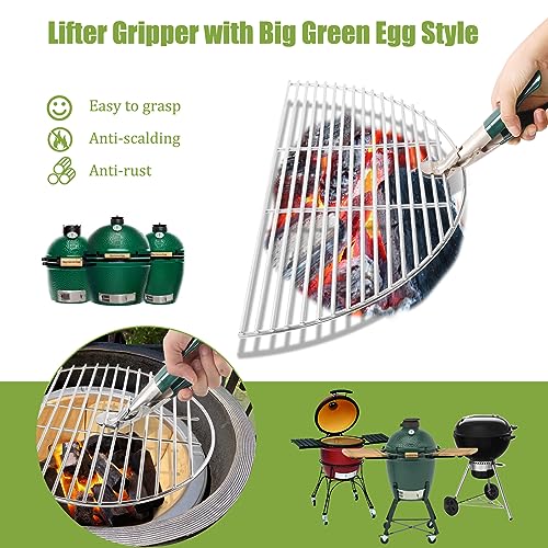 KAMaster Stainless Steel Grill Grate Lifter Gripper,Grate Grabber with Green Protective Cover Grill Grate Lifter Tool for Big Green Egg Accessories Kamado Charcoal Grill Smoker,Weber,Primo,Grill Dome - Grill Parts America