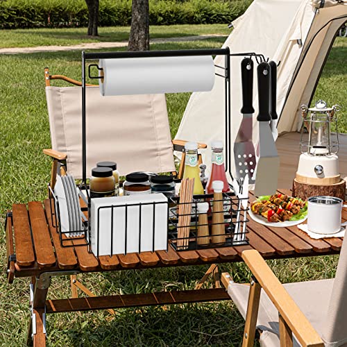 BBQ and Grill Caddy with Paper Towel Holder, Iron Steel Handle & 4 Hooks – Camper Accessories Condiment Caddy – Plates, Cutlery and BBQ Organizer for Camping Outdoor Grilling Tool Accessories - Grill Parts America