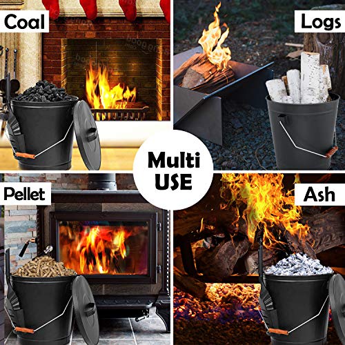 Hisencn Ash Bucket with Lid and Shovel, 5.15 Gallon Large Galvanized Metal Coal and Hot Ash Pail for Fireplace, Hearth, Charcoal Wood Fire Pits Burning Stoves Indoor and Outdoor - Grill Parts America