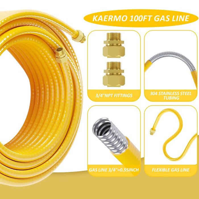 KAERMO 100FT 3/4" CSST Flexible Propane Natural Gas Line, Corrugated Stainless Steel Tubing, Propane Pipe Conversion Kit Grill Hose with 2 Male Adapter Fittings Propane Grill Conversion Kit - Grill Parts America