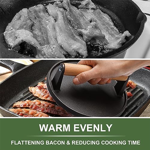 EWFEN Burger Press, 7" Round & 8.2"X4.3" Rectangle Heavy-Duty Cast Iron Smash Bacon Press Meat Steak with Wood Handle for Griddle, Sandwich, Nonstick Pan - Grill Parts America