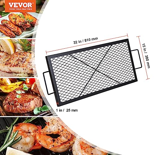 VEVOR X-Marks Fire Pit Grill Grate, Rectangle Cooking Grate, Heavy Duty Steel Campfire BBQ Grill Grid with Handle & Support X Wire, Portable Camping Cookware for Outside Party Gathering, 32 Inch Black - Grill Parts America