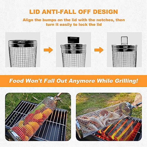 DETEIN 2PACK Rolling Grill Basket with Easy-Rolling Handle, BBQ Grill Basket Cylinder for Outdoor Grill, Cylinder Grill Basket for Veggies Portable Round Tube Grill for Vegetables, Peppers, Meat - Grill Parts America