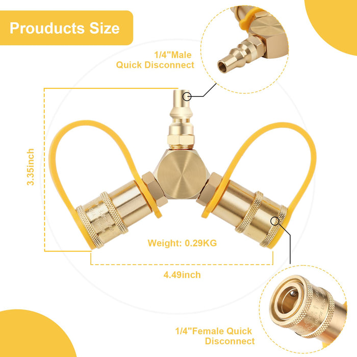 FEITON 1/4" Y-Splitter Quick Connect Propane Tank Splitter 2 Way LP Gas Tee Connector Adapter for Propane Cylinder, BBQ Gas Grill, Gas Stoves, Heater, RV Camper - Grill Parts America