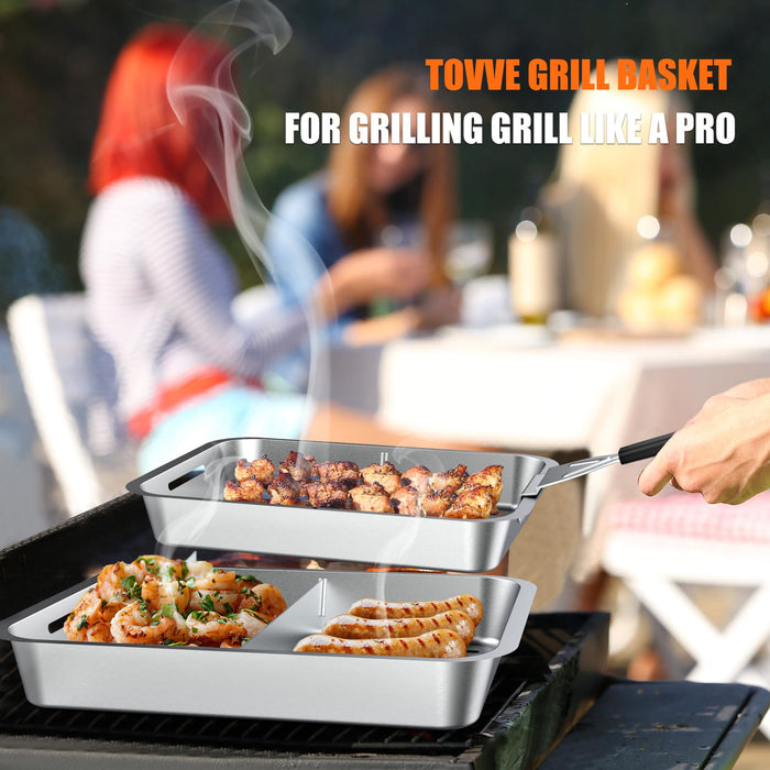 TOVVE Grill Basket Set,6-piece Stainless Steel Vegetable Grilling Tray/Pan, Outdoor Grill Accessories Includes 2 Grill Baskets a Serving Tray & Removable Handle and 2 Baffle For Grilling Fish Veggies - Grill Parts America