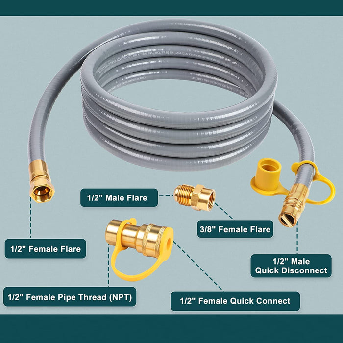 GASPRO 1/2" ID Natural Gas Hose, Low Pressure LPG Hose with Quick Connect, for Weber, Char-broil, Pizza Oven, Patio Heater and More, 12-Foot - Grill Parts America