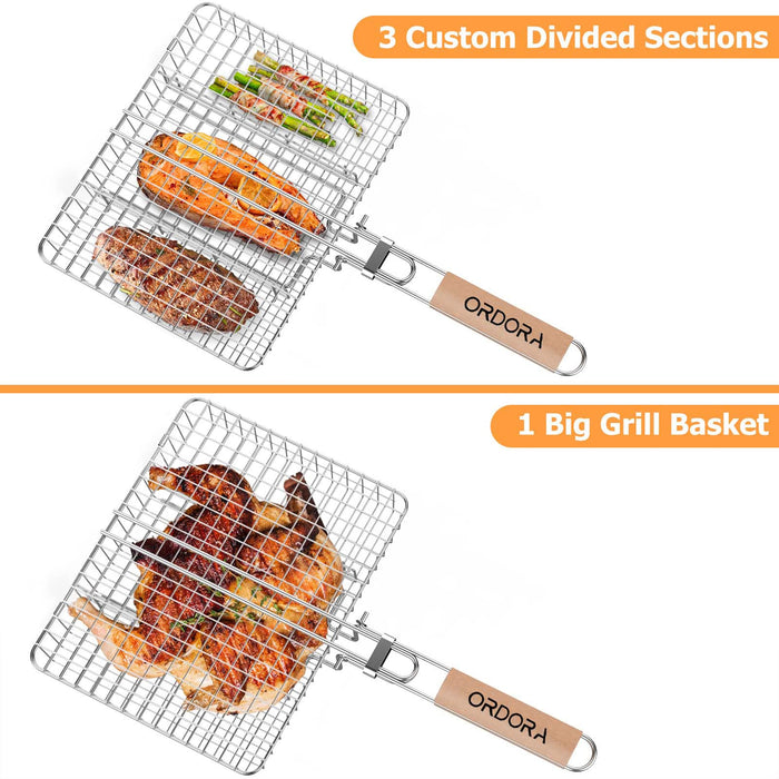 ORDORA Grill Basket, Fish Grill Basket, Rustproof Stainless Steel BBQ Grilling Basket for Meat,Steak etc, Grill Accessories,Grilling Gifts for Men Dad - Grill Parts America