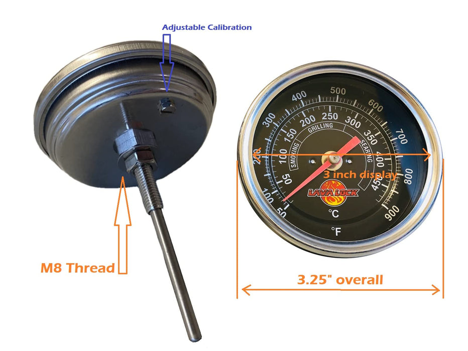 Black Face BBQ Grill Thermometer 50F-900F High Temp Range Heavy Duty Premium Quality Smoker Thermo 2 Inch or 3" with M8 or 1/2 NPT Thread - Grill Parts America