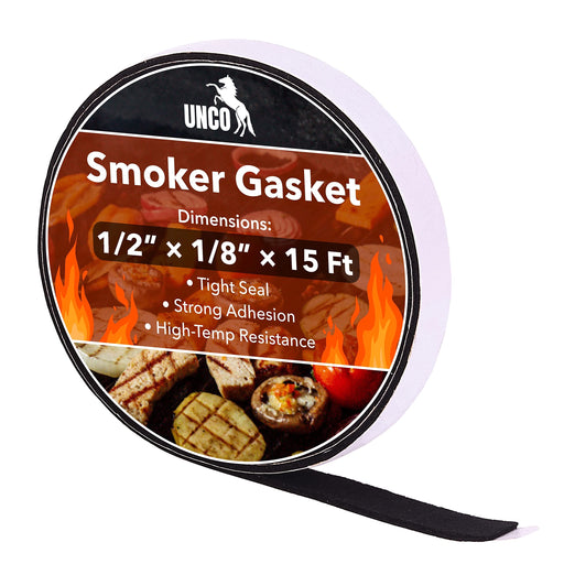 UNCO- Smoker Gasket, 15 Ft, 1/2"X1/8", Grill Gasket, Heat Gasket, Smoker Heat Tape, Smoker Gasket Sealer High Temp, Kettle Grill Gasket, BBQ Gasket, High Temperature Gasket Smoker, Smoker Door Gasket - Grill Parts America