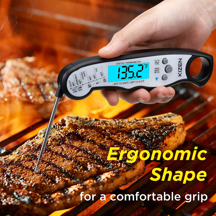 Kizen Instant Read Meat Thermometer - Best Waterproof Ultra Fast Thermometer with Backlight & Calibration. - Grill Parts America